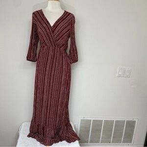 Wren & Ivory Maroon Cream Gauzy Faux Wrap 3/4 Sleeve Tiered Maxi Dress Size M